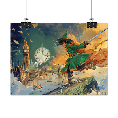 Whimsical Green Tunic Boy: Mischievous Illustration - Poster