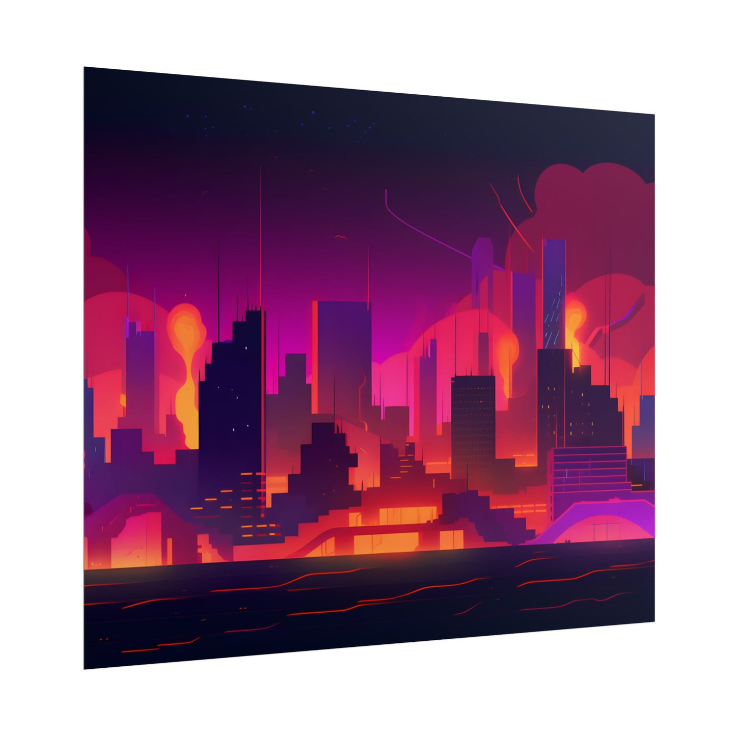 Burning Cyberpunk Cityscape: Nighttime Digital Artwork - Poster