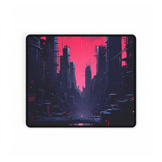 Melancholic Cyberpunk Cityscape: Nighttime Digital Artwork - Desk Mat