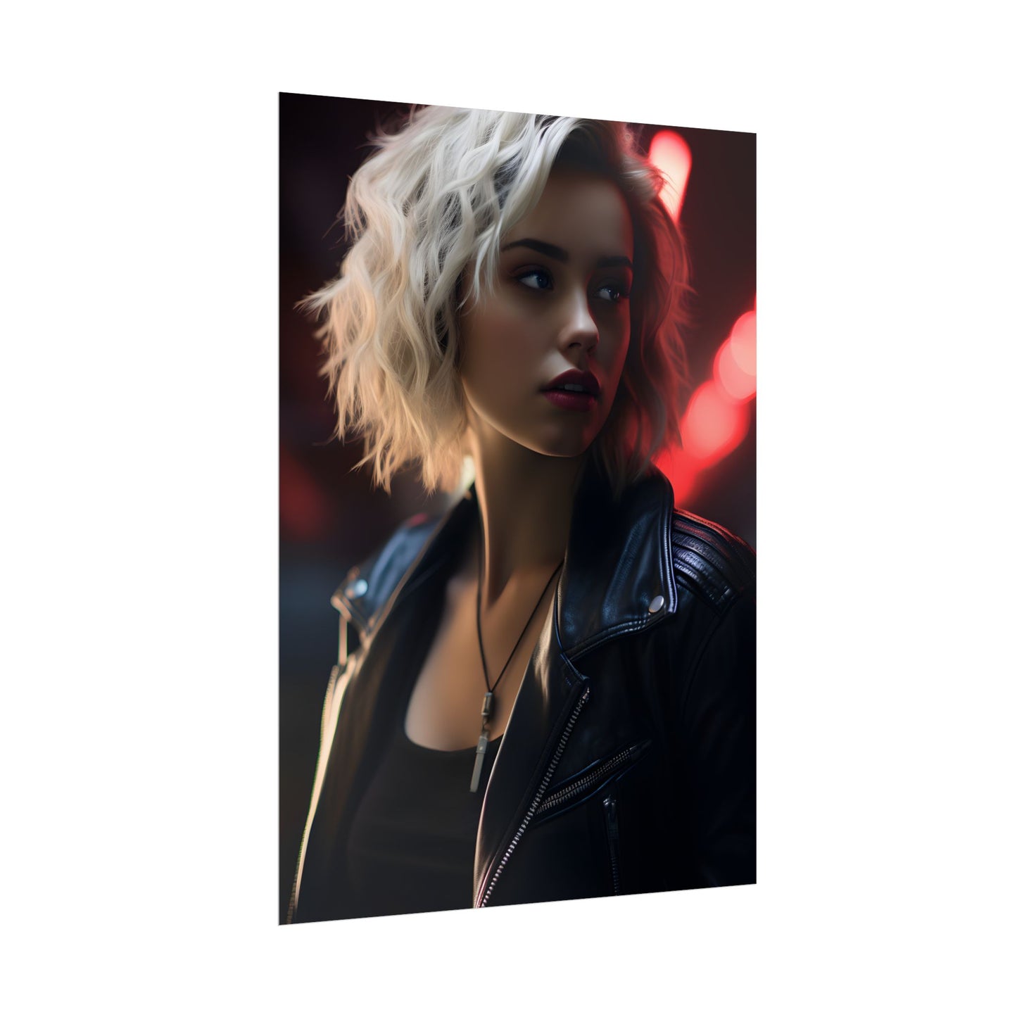 Cyberpunk Blonde: Closeup Portrait in Neon Hues - Poster