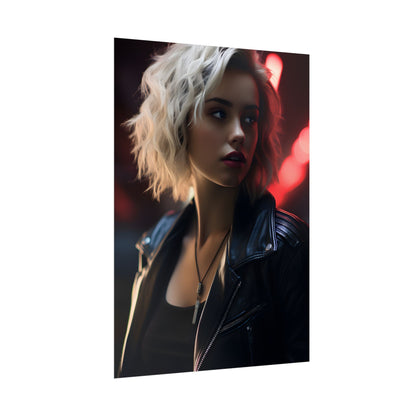 Cyberpunk Blonde: Closeup Portrait in Neon Hues - Poster