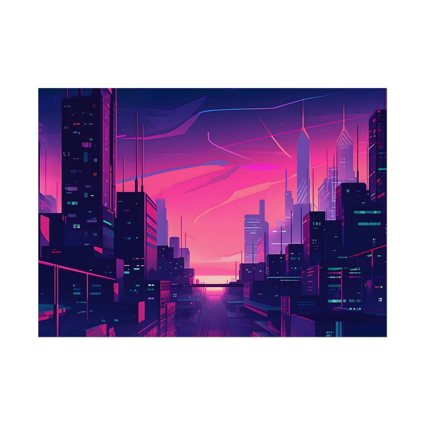 Melancholic Cyberpunk Cityscape: Neon Night Digital Art - Poster
