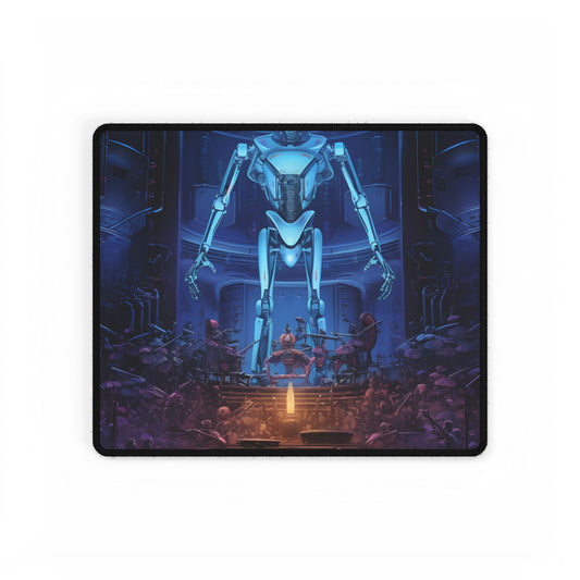 Mechanical Harmony: Black & Grey Robot Orchestra Symphony - Desk Mat