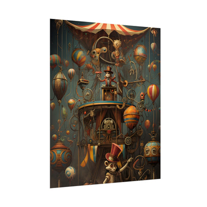 Whimsical Clockwork Circus: Fantastical Wooden Horse in Steampunk Dreamscape - Poster
