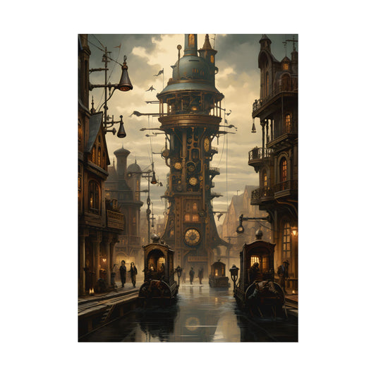 Steampunk Paris Cityscape: Vintage Clock Tower Artwork - Poster