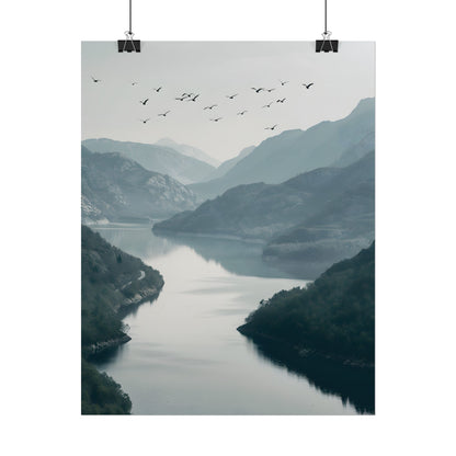Peaceful Mountain Oasis: Serene Birds Eye View Artwork - Poster