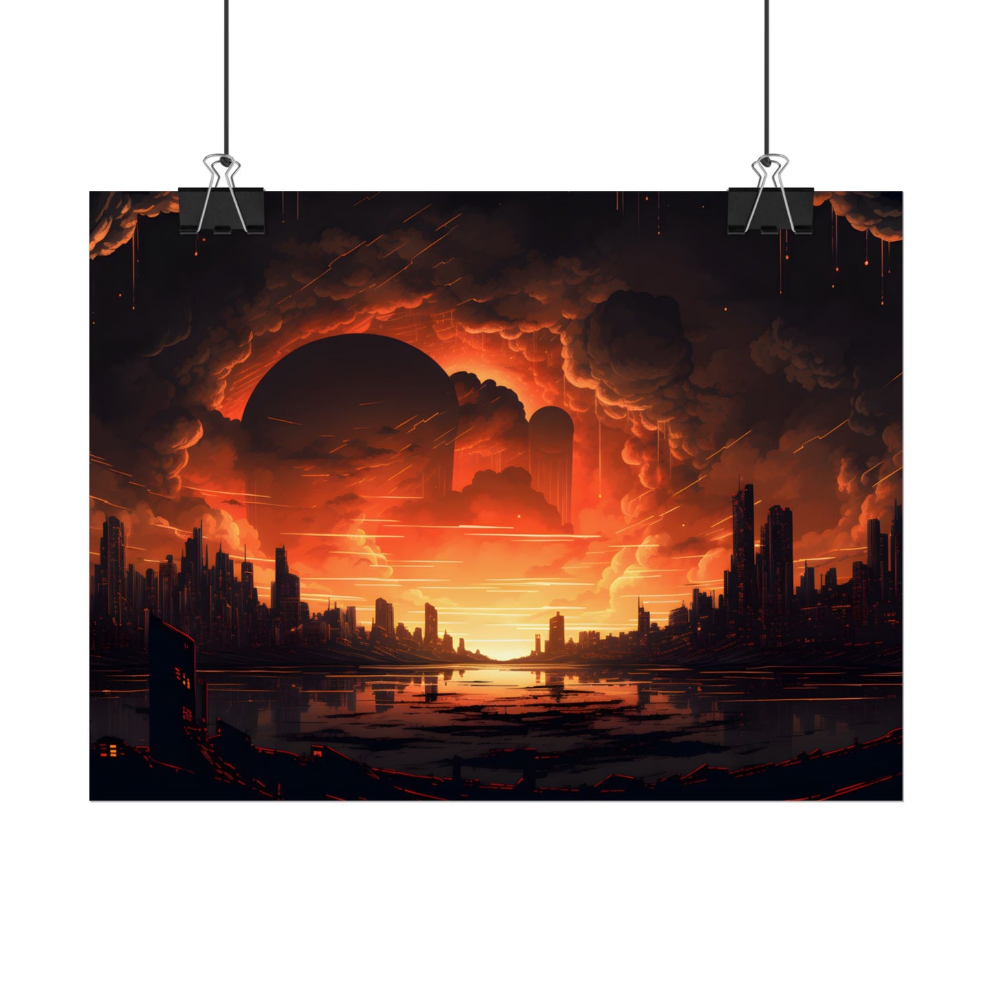Futuristic Cyberpunk Night: Burning Cityscape Landscape Art - Poster