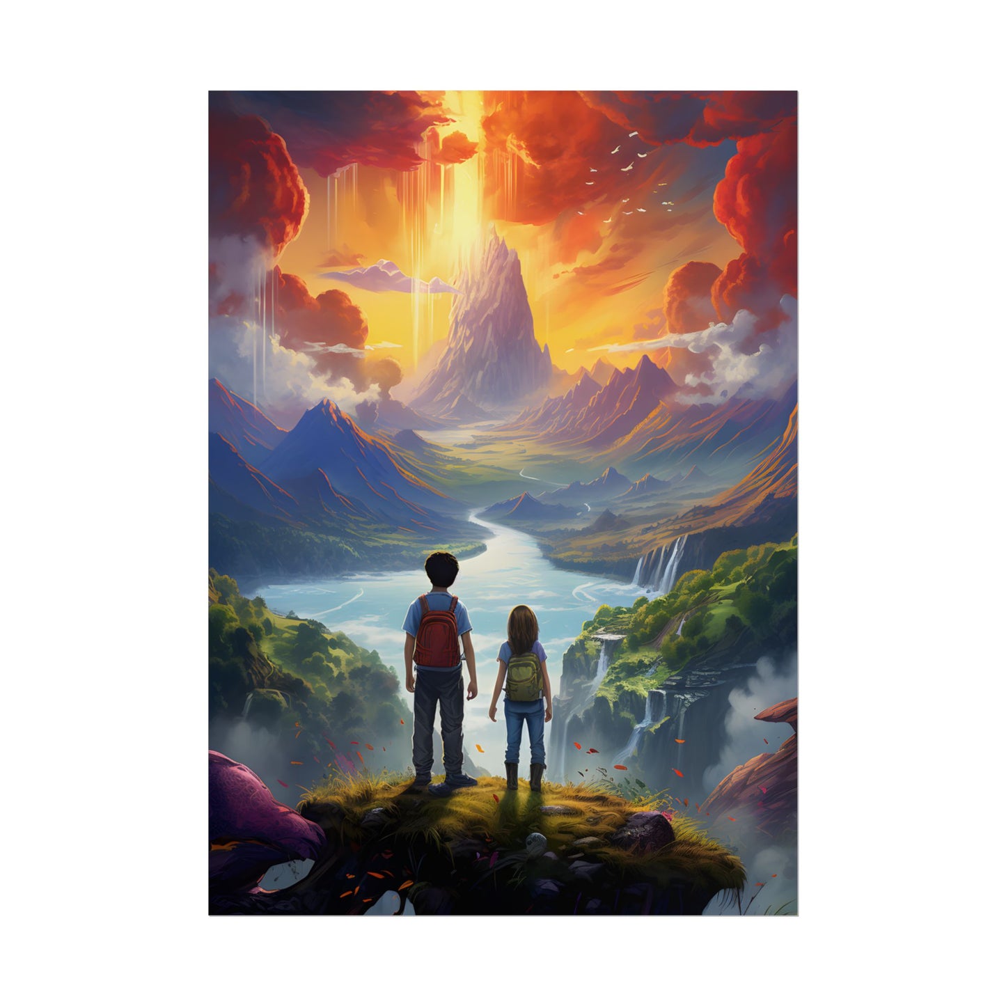 Girl, Boy, Meadow: A Peaceful Cloudy Day Artwork - Poster