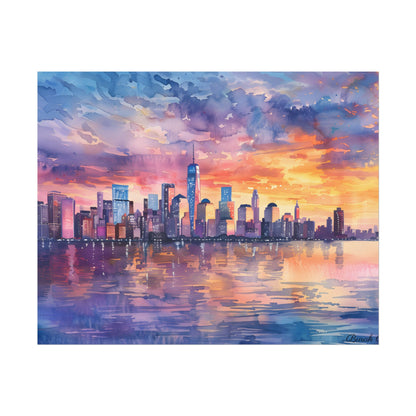 Serene NYC Sunset: Watercolor Skyline Reflections - Poster
