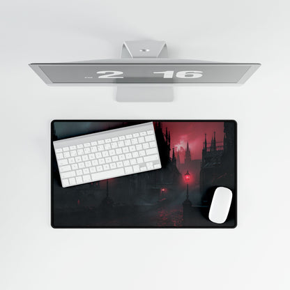 Dark Gothic Cityscape: Misty Twilight Artwork - Desk Mat