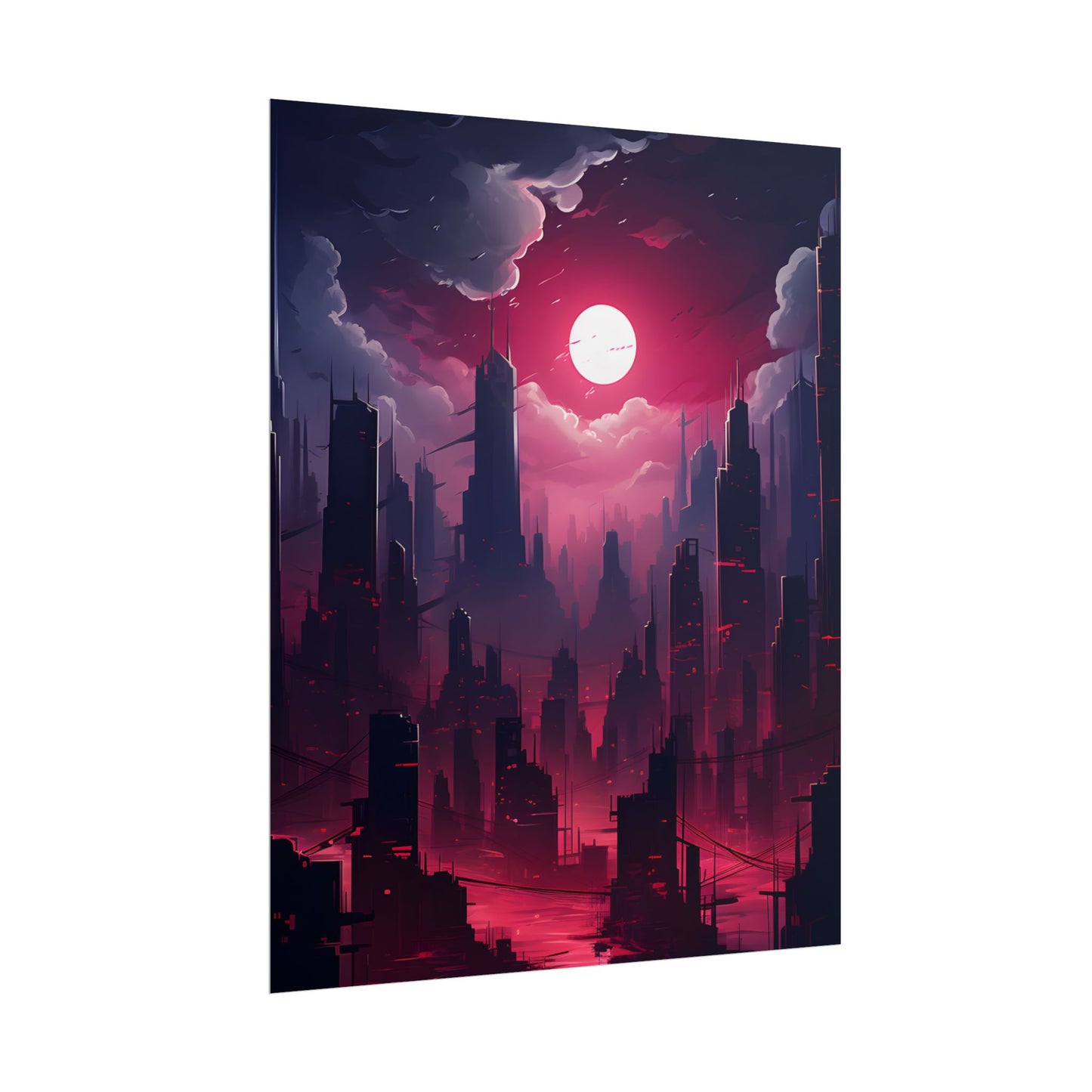 Burning Cyberpunk Cityscape: Digital Artwork at Night - Poster