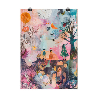 Colorful Whimsy: Blue Fish, Yellow Bird, Pink Cat Art Collage - Poster