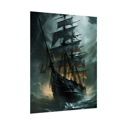 Ghostly Pirate Ship: Sailing Solo in Eerie Blue Skies - Poster