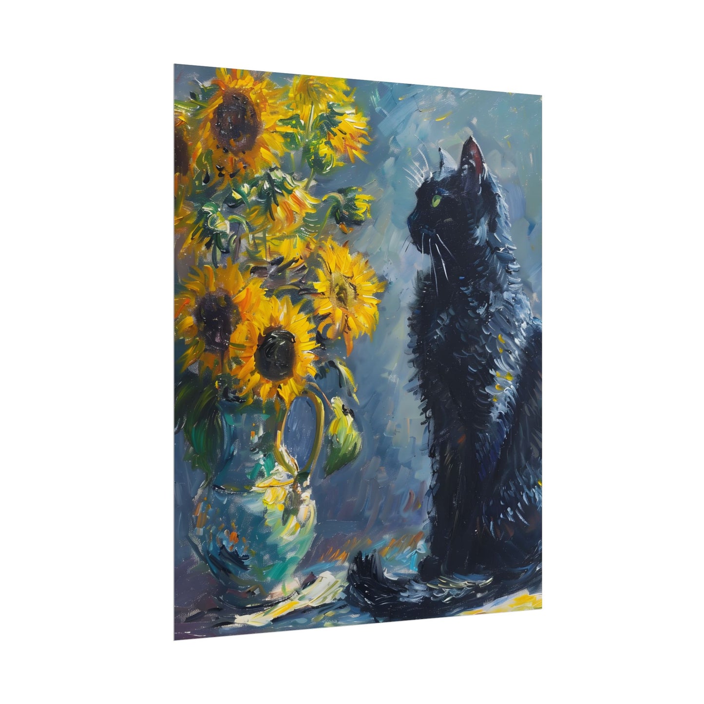 Whimsical Black Cat by Sunflowers: Serene Garden Art - Poster