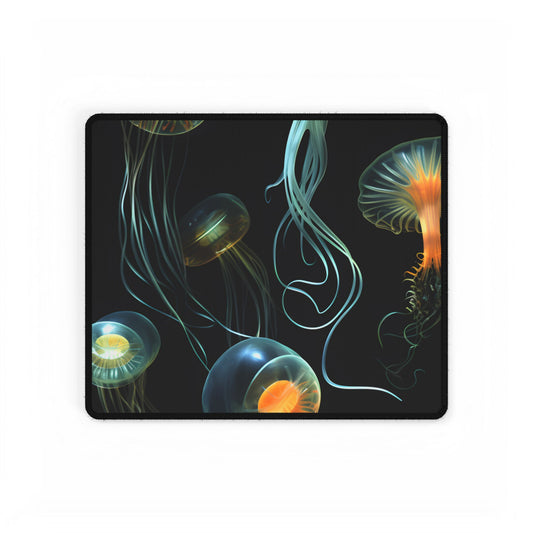 Bioluminescent Oceanic Ballet: Underwater Artwork in Motion - Desk Mat