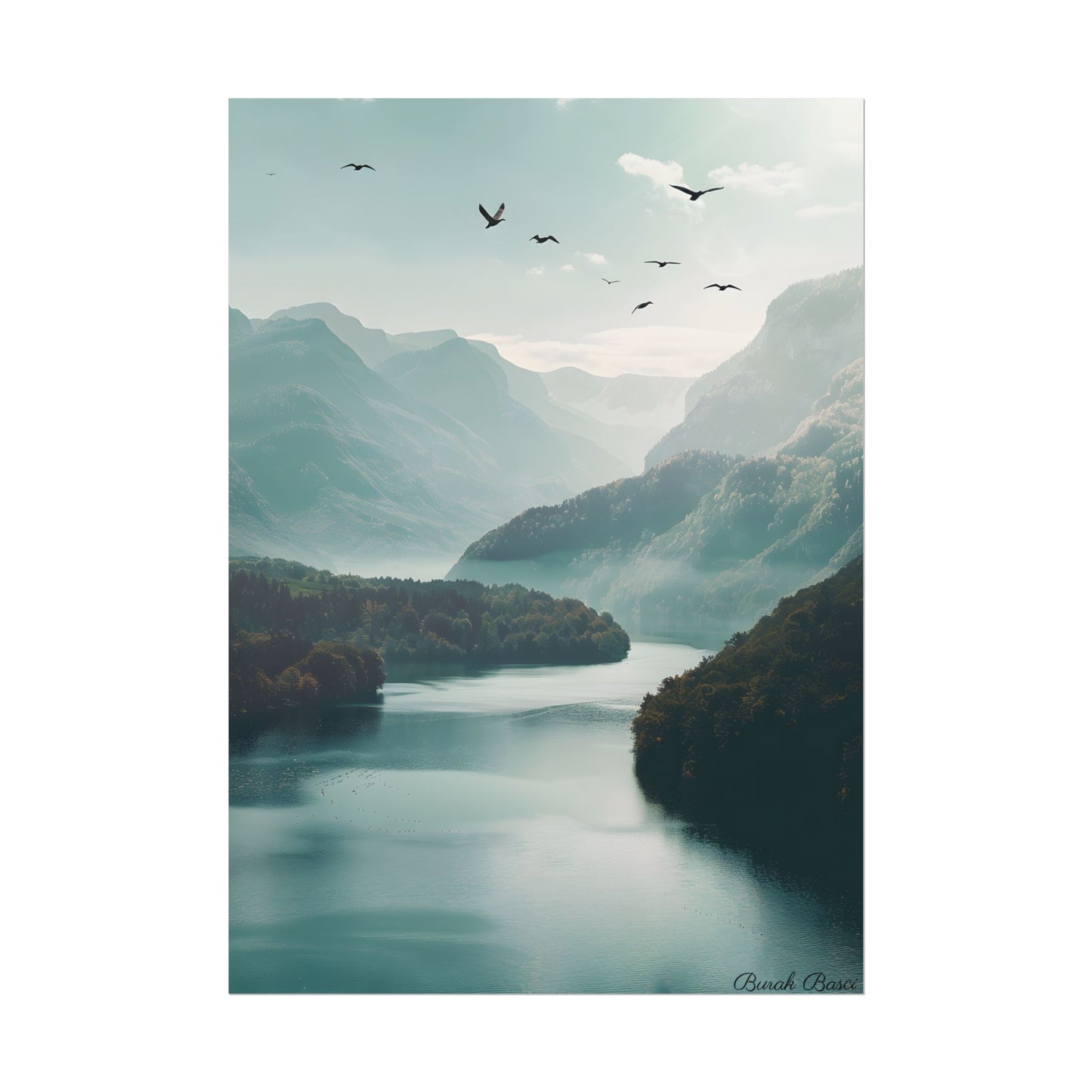 Explore Serene Mountains and Lake: Aerial Perspective Digital Art - Poster