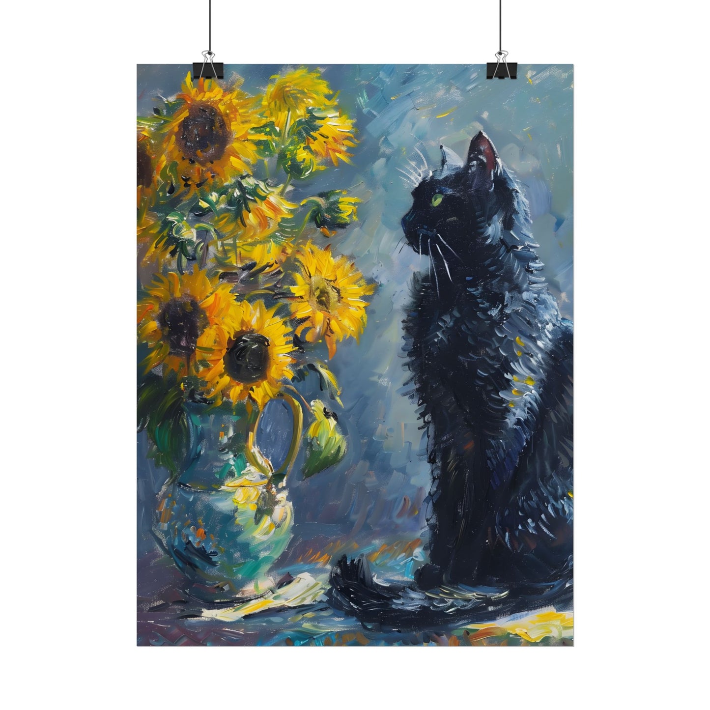Whimsical Black Cat by Sunflowers: Serene Garden Art - Poster