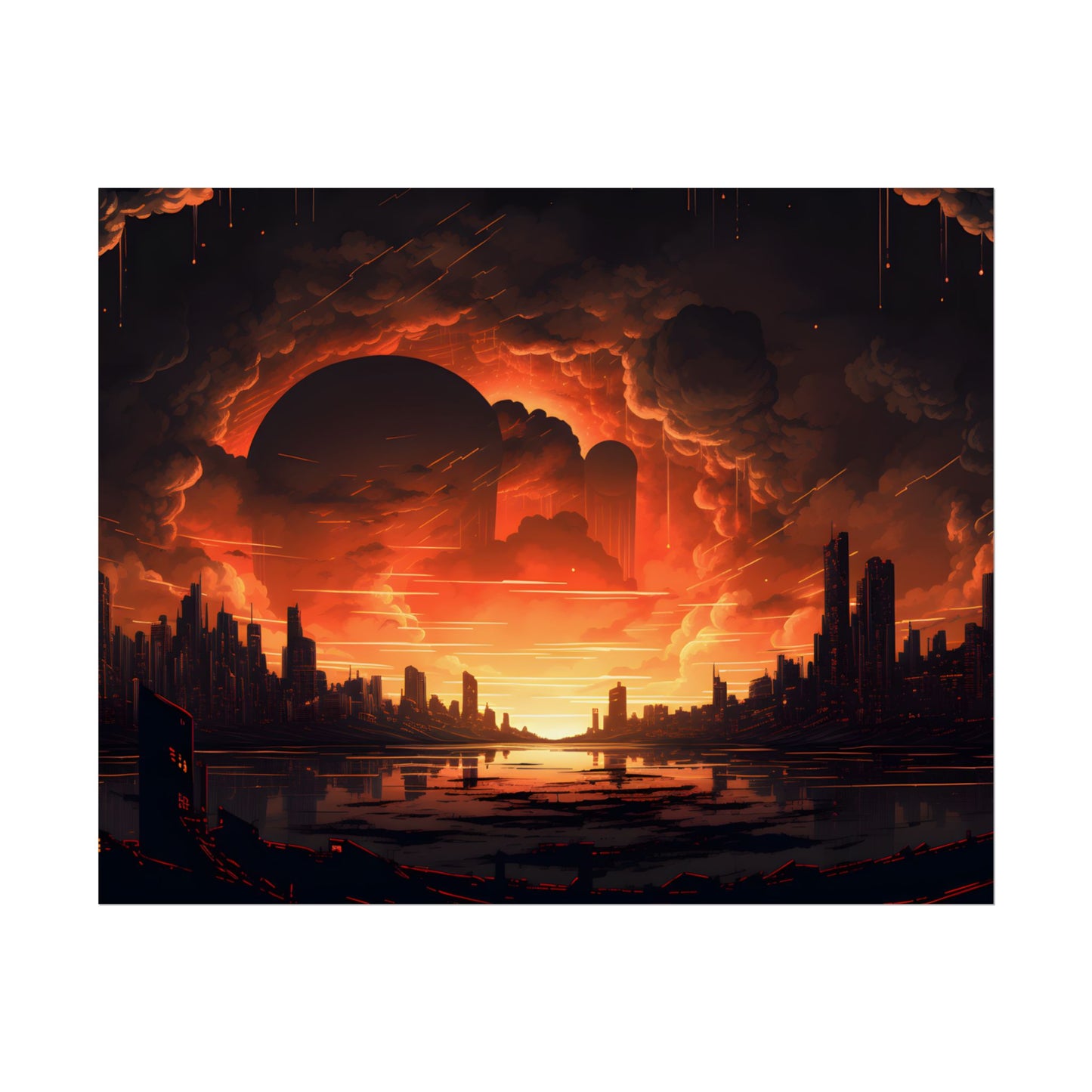 Futuristic Cyberpunk Night: Burning Cityscape Landscape Art - Poster