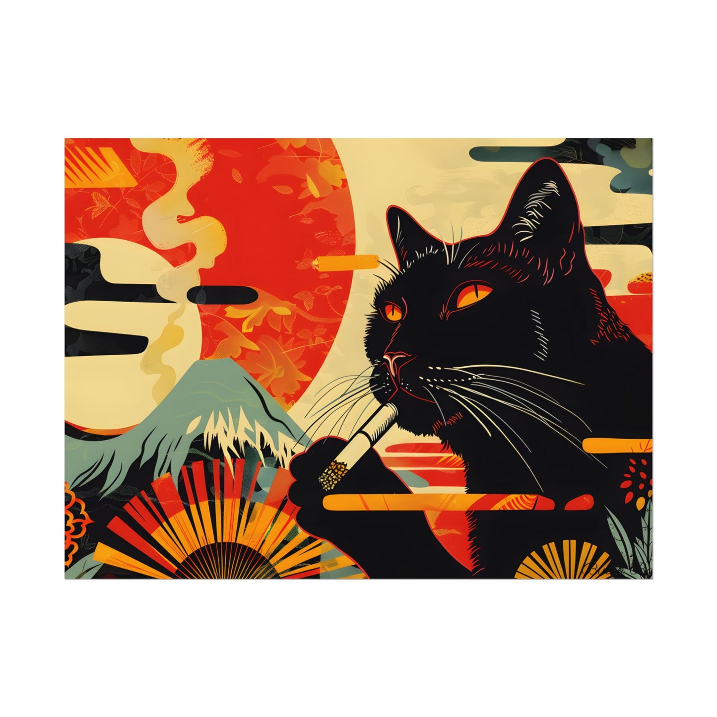 Whimsical Cat Smoking: Red & White Stripe Artwork - Poster