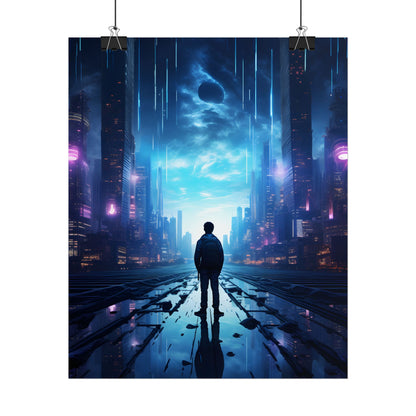 Cyberpunk Cityscape at Night: Melancholic Landscape Digital Art - Poster