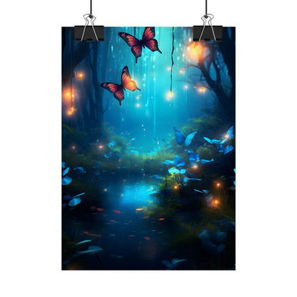 Moonlit Night Forest: Glowing Foggy Fantasy Bokeh Art - Poster