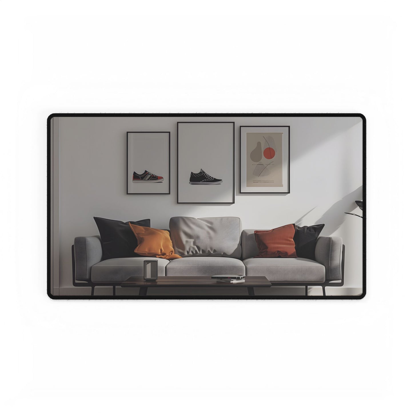 Minimalist Modern Living Room: White Couch and Dark Wood Accents - Desk Mat