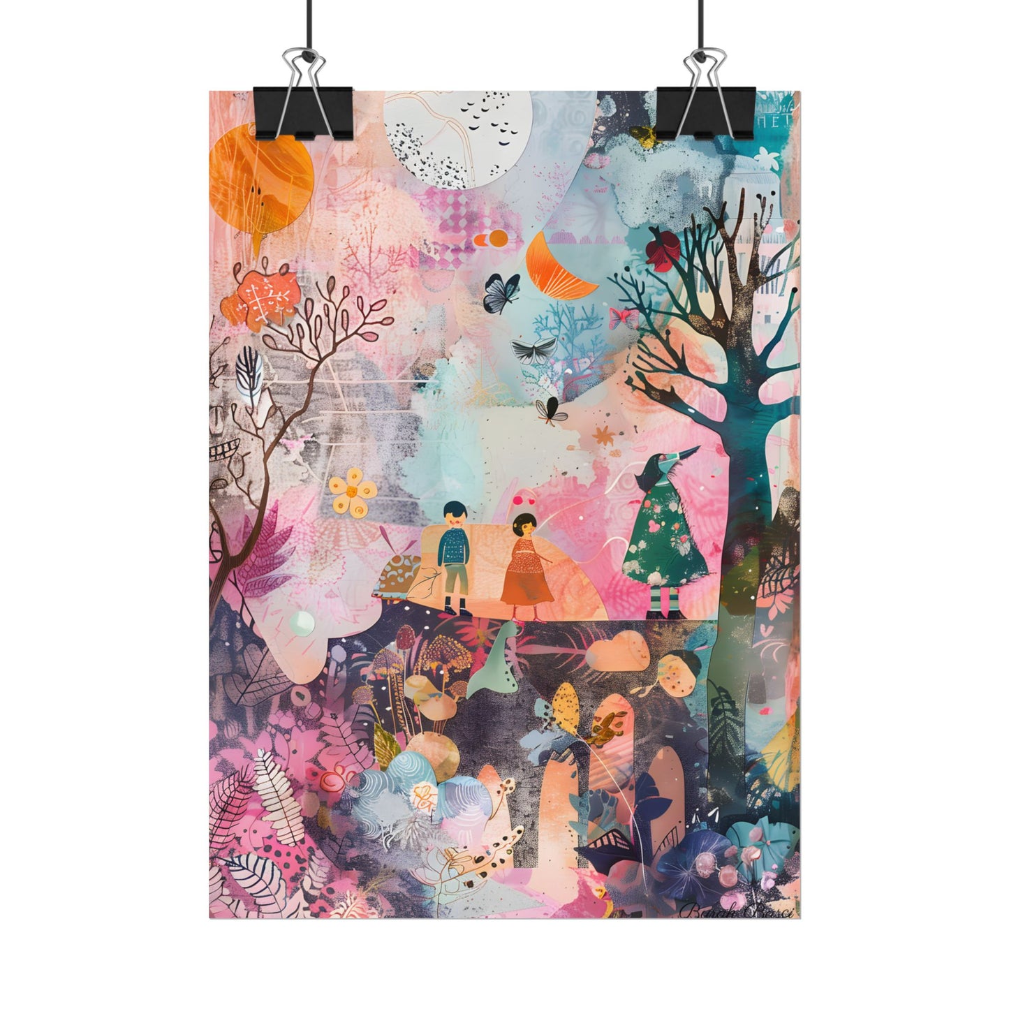 Colorful Whimsy: Blue Fish, Yellow Bird, Pink Cat Art Collage - Poster