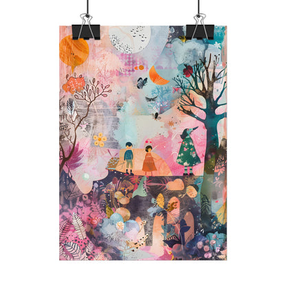 Colorful Whimsy: Blue Fish, Yellow Bird, Pink Cat Art Collage - Poster