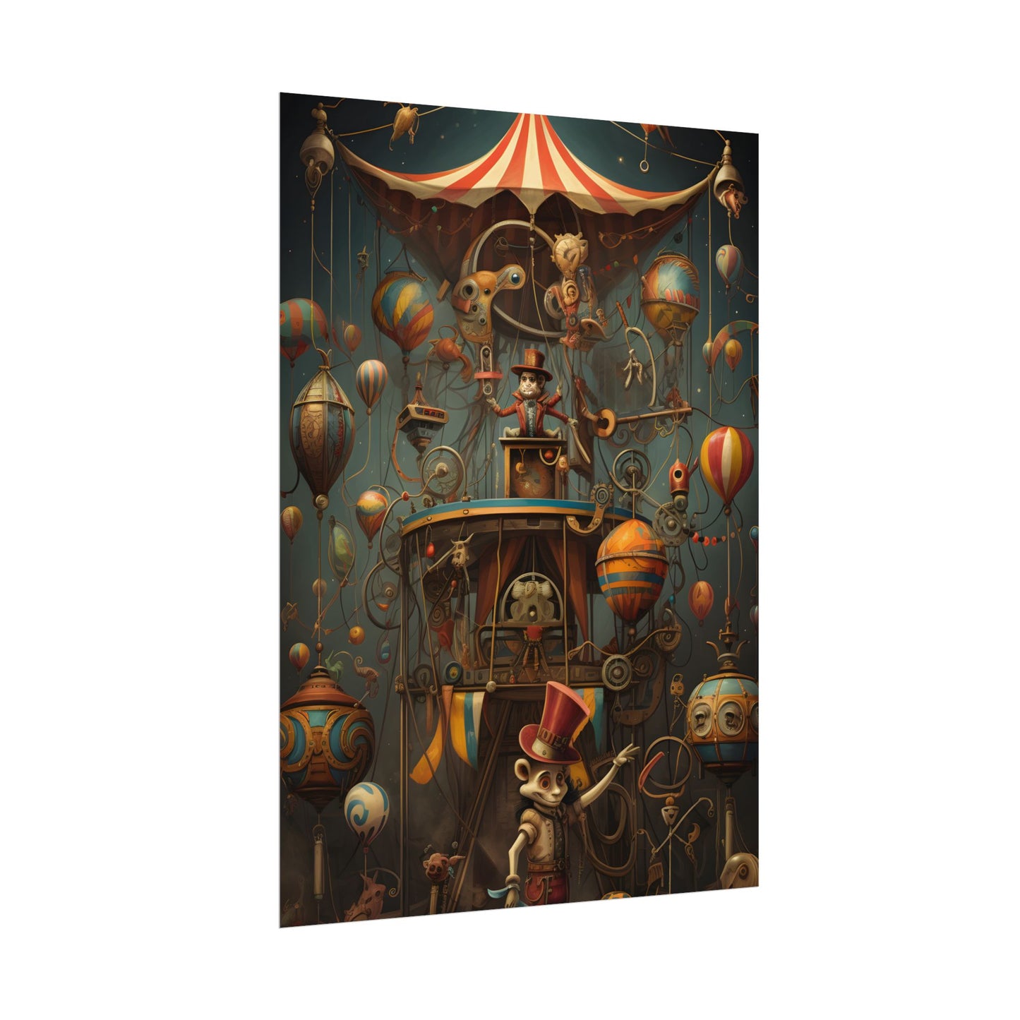 Whimsical Clockwork Circus: Fantastical Wooden Horse in Steampunk Dreamscape - Poster