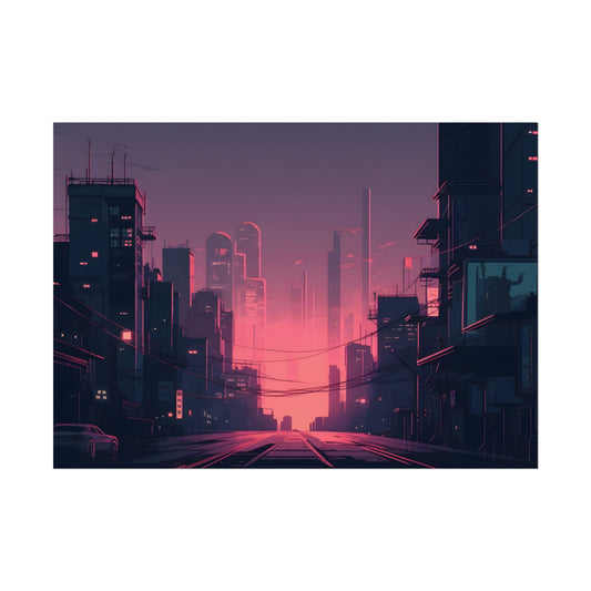 Cyberpunk Nighttime Cityscape: Melancholic Mood - Poster