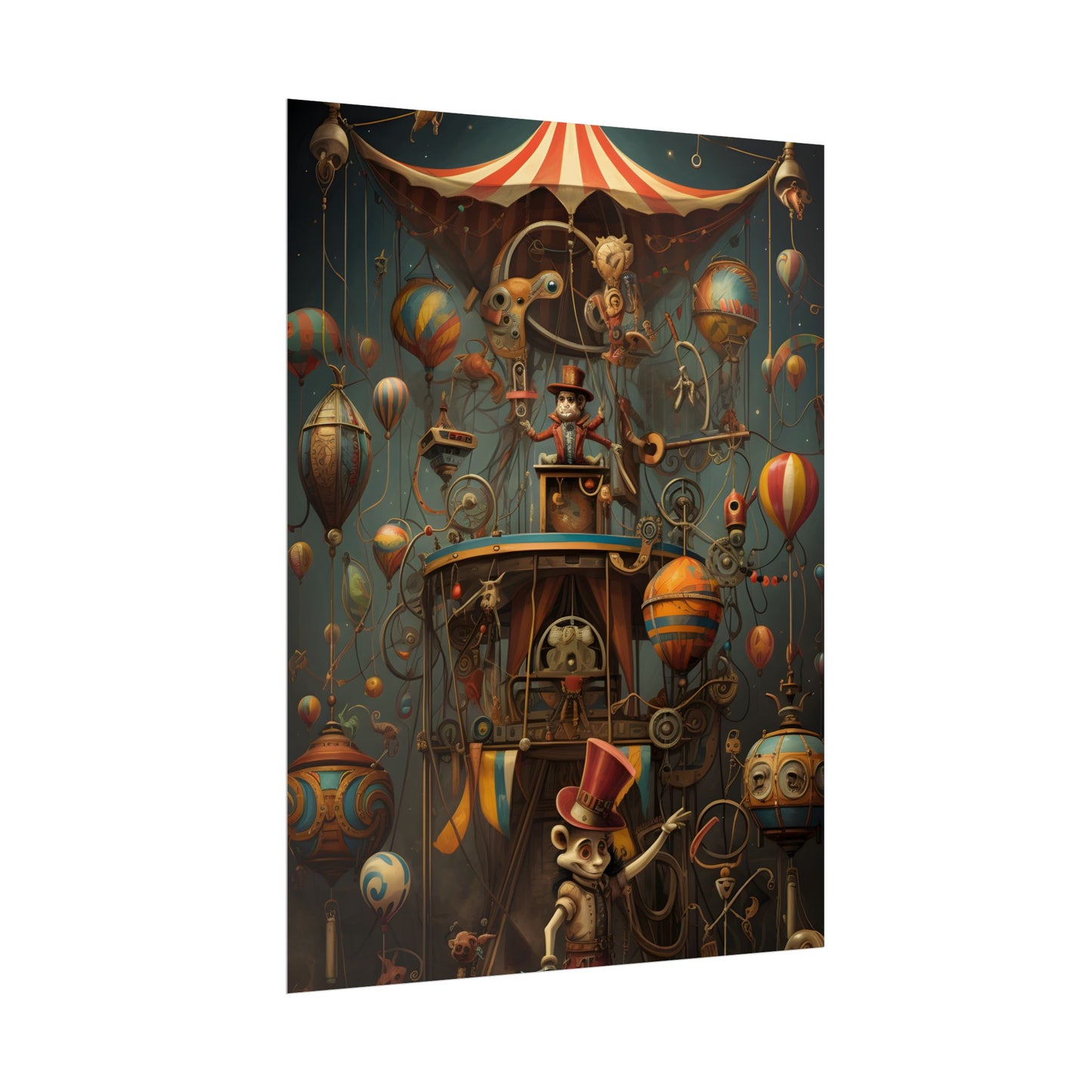 Whimsical Clockwork Circus: Fantastical Wooden Horse in Steampunk Dreamscape - Poster