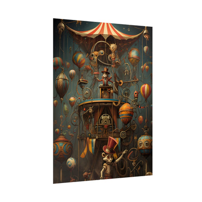 Whimsical Clockwork Circus: Fantastical Wooden Horse in Steampunk Dreamscape - Poster