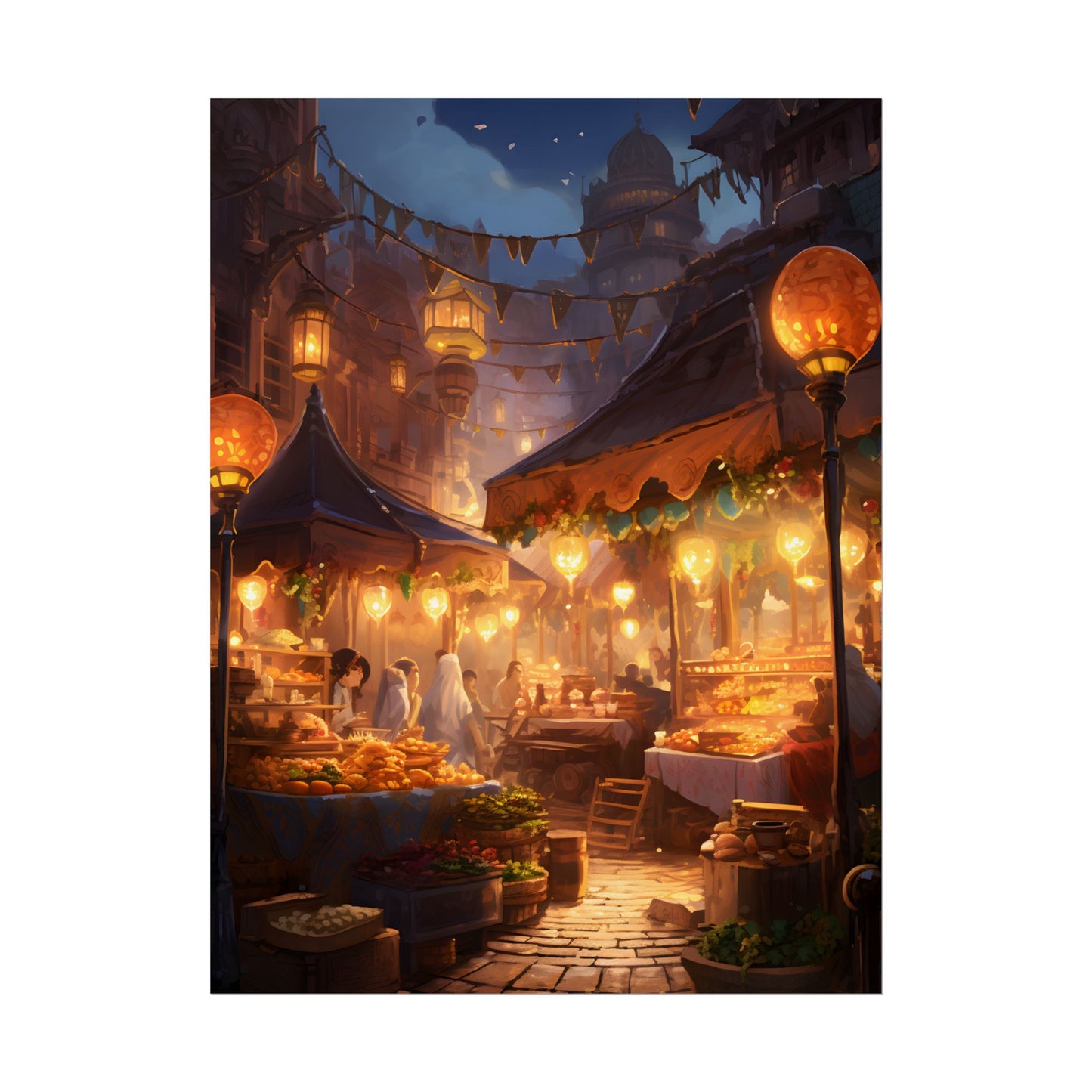 Magical Street Food Market: A Colorful Nighttime Scene - Poster
