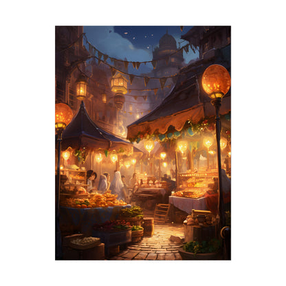 Magical Street Food Market: A Colorful Nighttime Scene - Poster