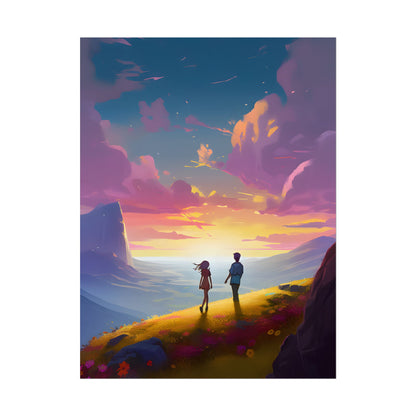 Young Love in a Cloudy Meadow: A Heartwarming Artwork - Poster