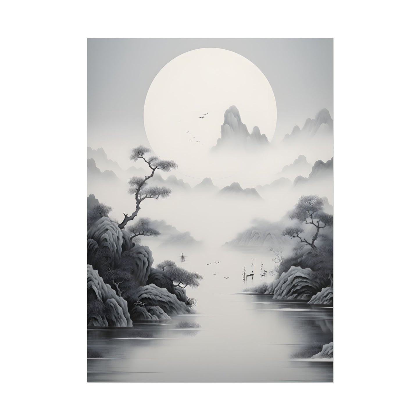 Chinese Ink Mirror Landscape: Serene Artwork - Poster