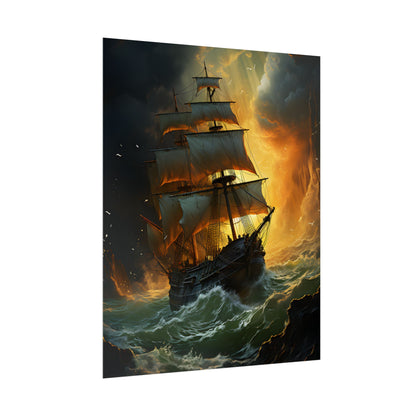 Mostly Green Seascape: Magnificent Oil Painting of a Ship - Poster