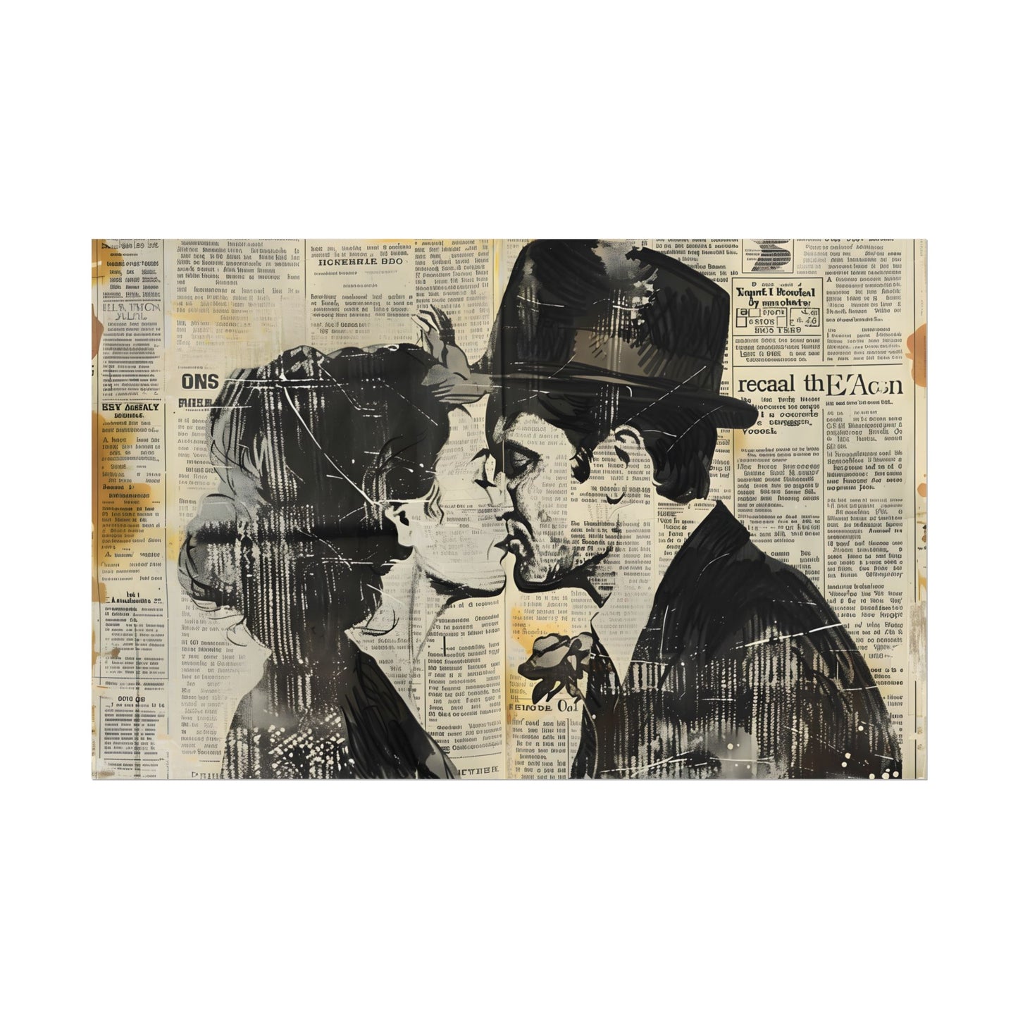 Vintage Romance Couples: Newsprint Artwork - Intimate Moments - Poster