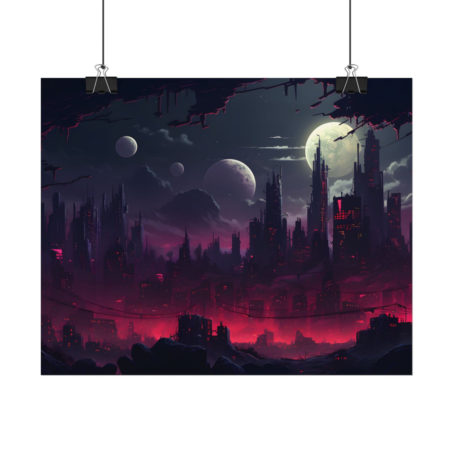 Burning Cyberpunk Cityscape at Night: Digital Art - Poster
