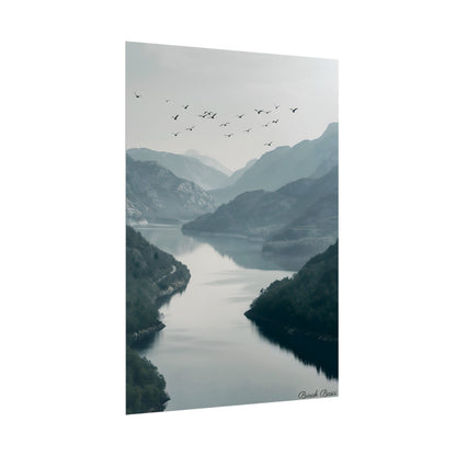 Peaceful Mountain Oasis: Serene Birds Eye View Artwork - Poster