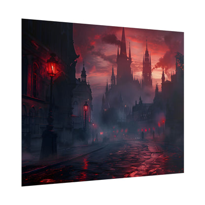 Gothic City Dusk: Pointed Arches and Misty Atmosphere - Poster