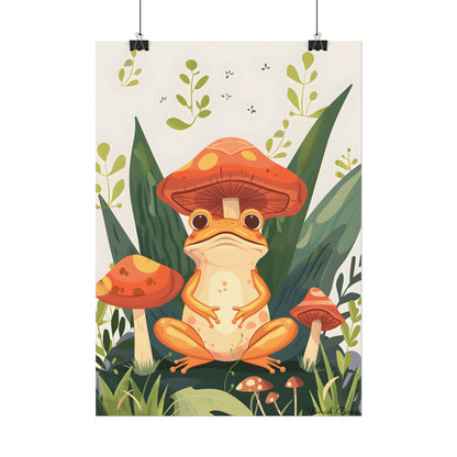 Retro Whimsy: Frog & Mushrooms in Close-Up Charm - Poster