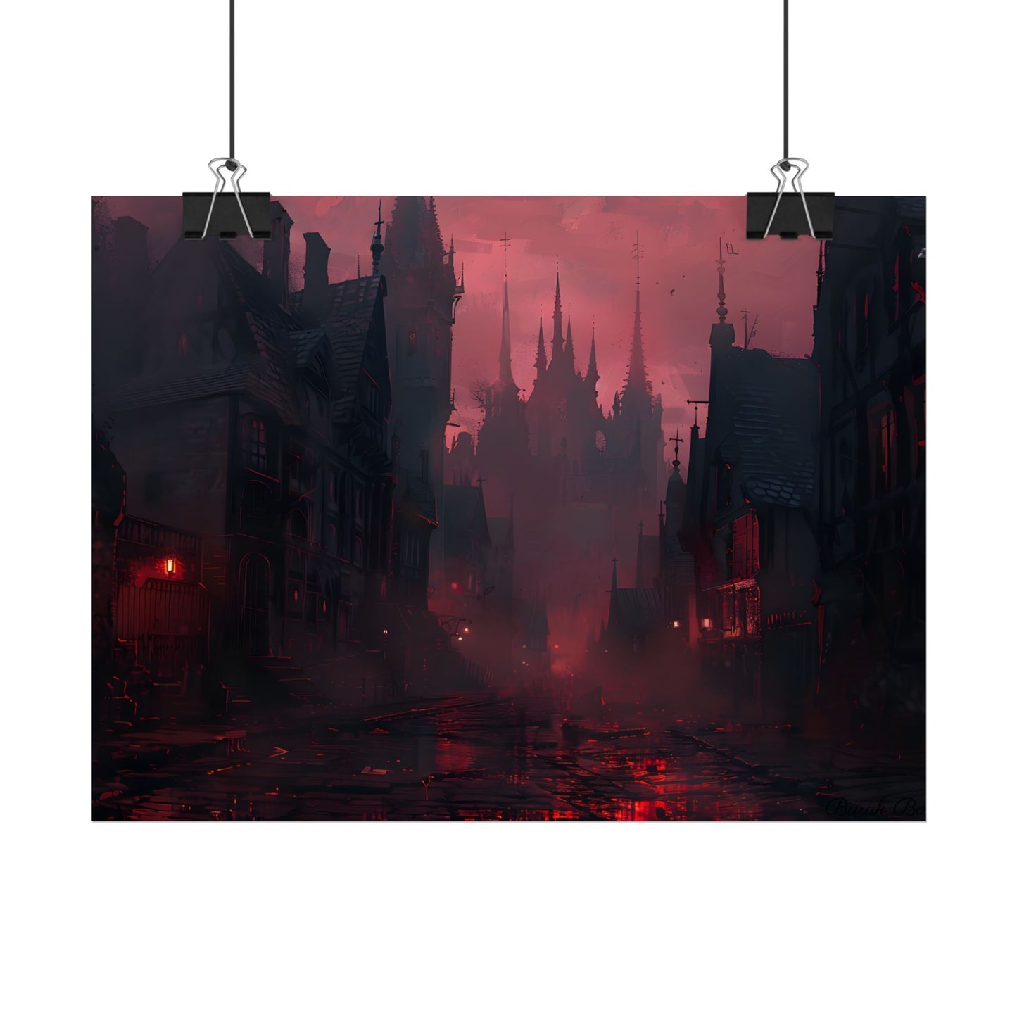 Dark Gothic Cityscape: A Serene Misty Dusk Scene - Poster