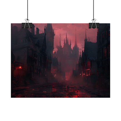 Dark Gothic Cityscape: A Serene Misty Dusk Scene - Poster