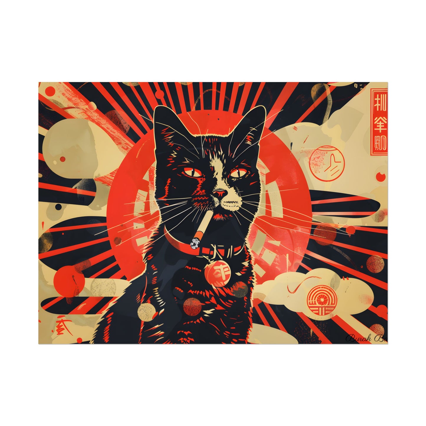 Vintage Whimsy: Cat Smokes Cigarette on Blue Background - Poster