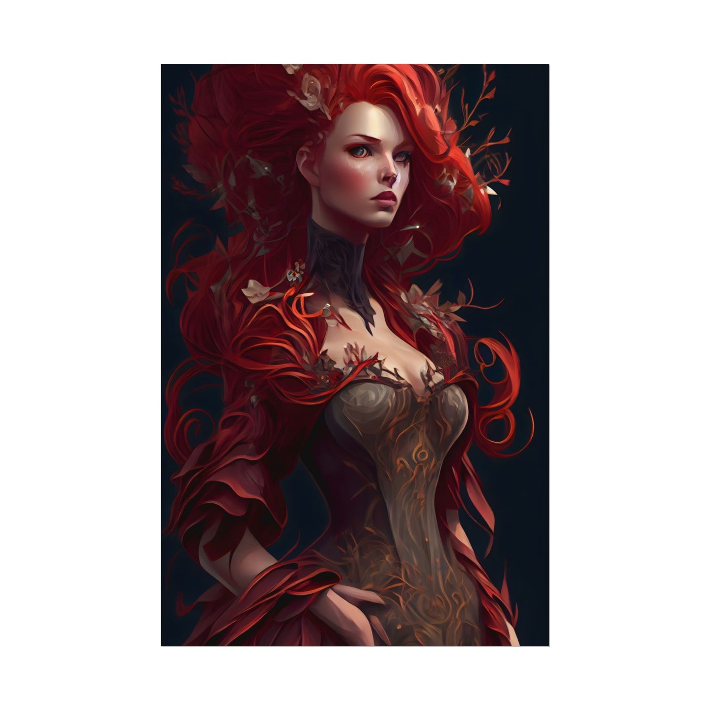 Red Hair Portrait: Elegant Female in Black Dress - Poster