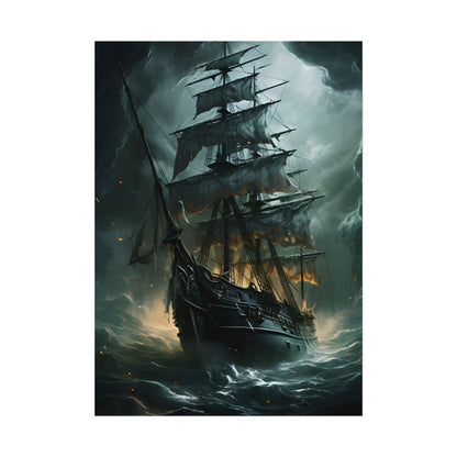 Ghostly Pirate Ship: Sailing Solo in Eerie Blue Skies - Poster