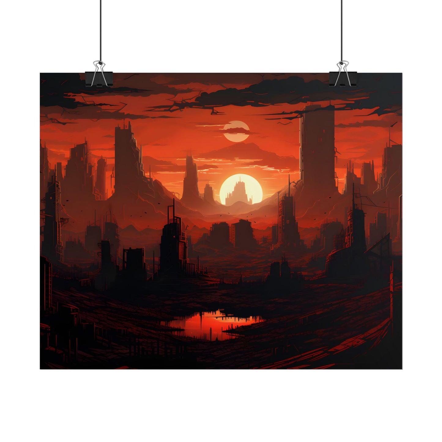 Cyberpunk Nighttime Cityscape: Burning City Digital Art - Poster