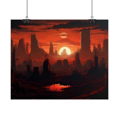 Cyberpunk Nighttime Cityscape: Burning City Digital Art - Poster