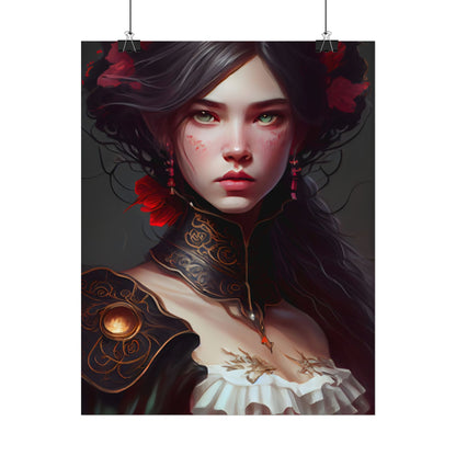 Elegant Black Hair Portrait in White Dress - Poster